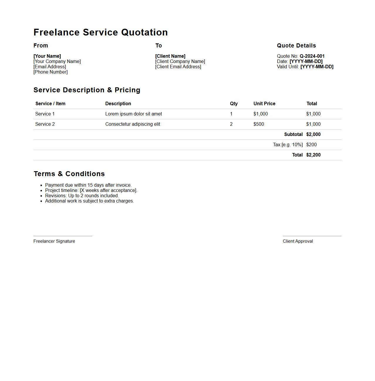 One-Page Freelance Service Quotation Document