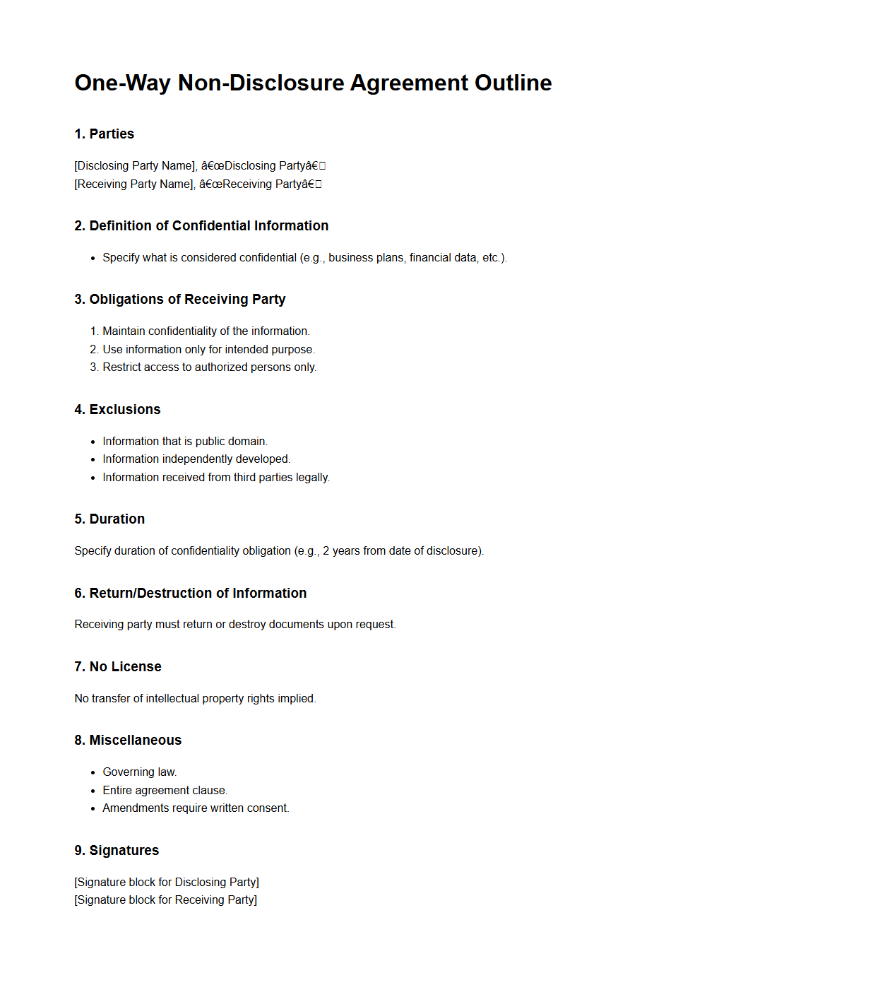 One-Way Non-Disclosure Agreement Outline