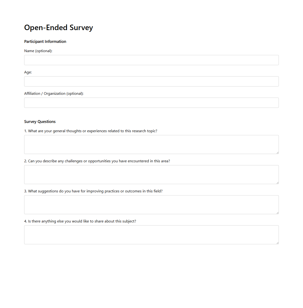 Open-Ended Survey Document for Research Projects