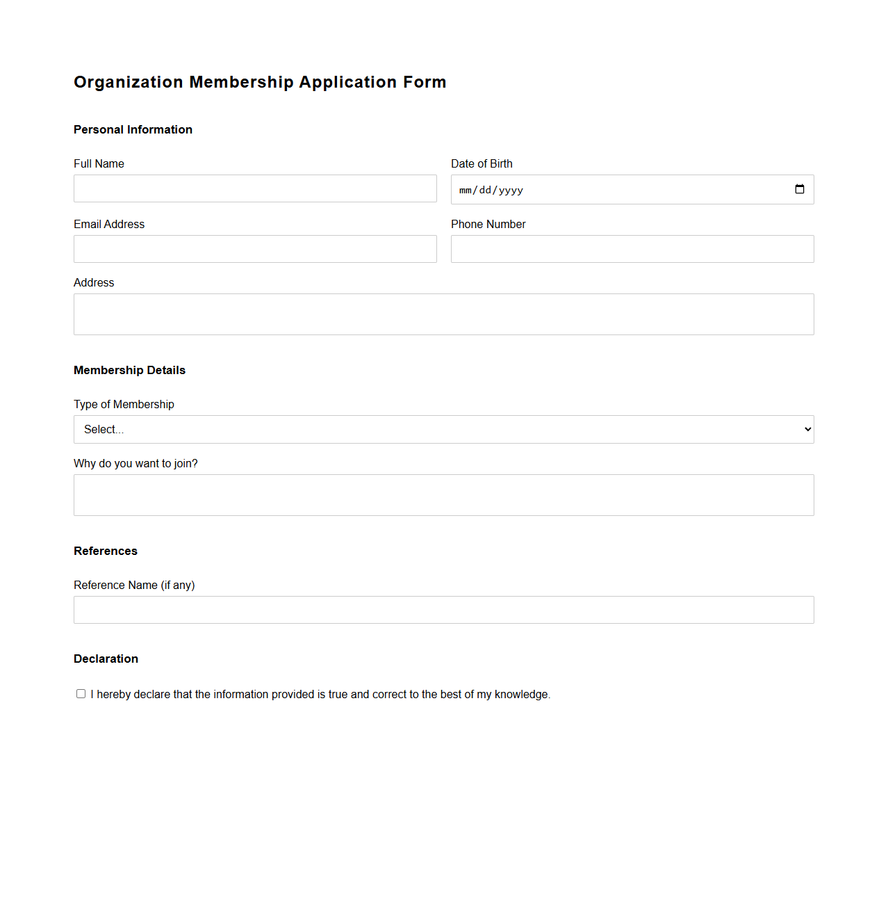 Organization Membership Application Form Format