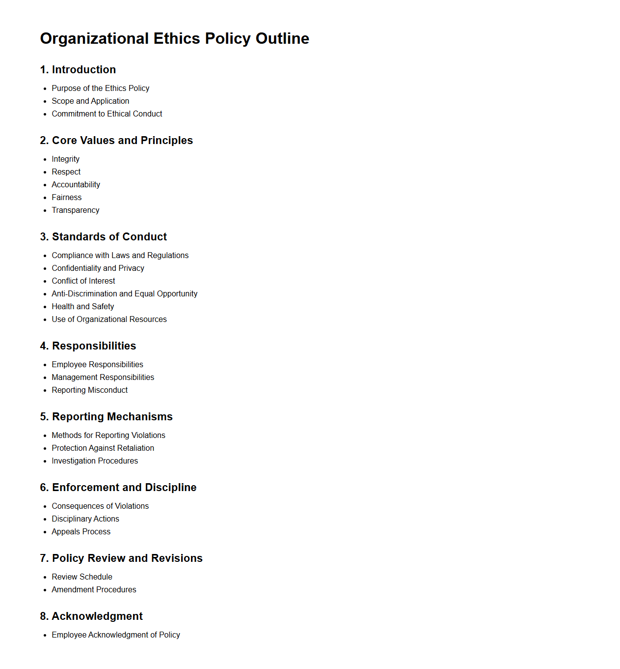 Organizational Ethics Policy Outline