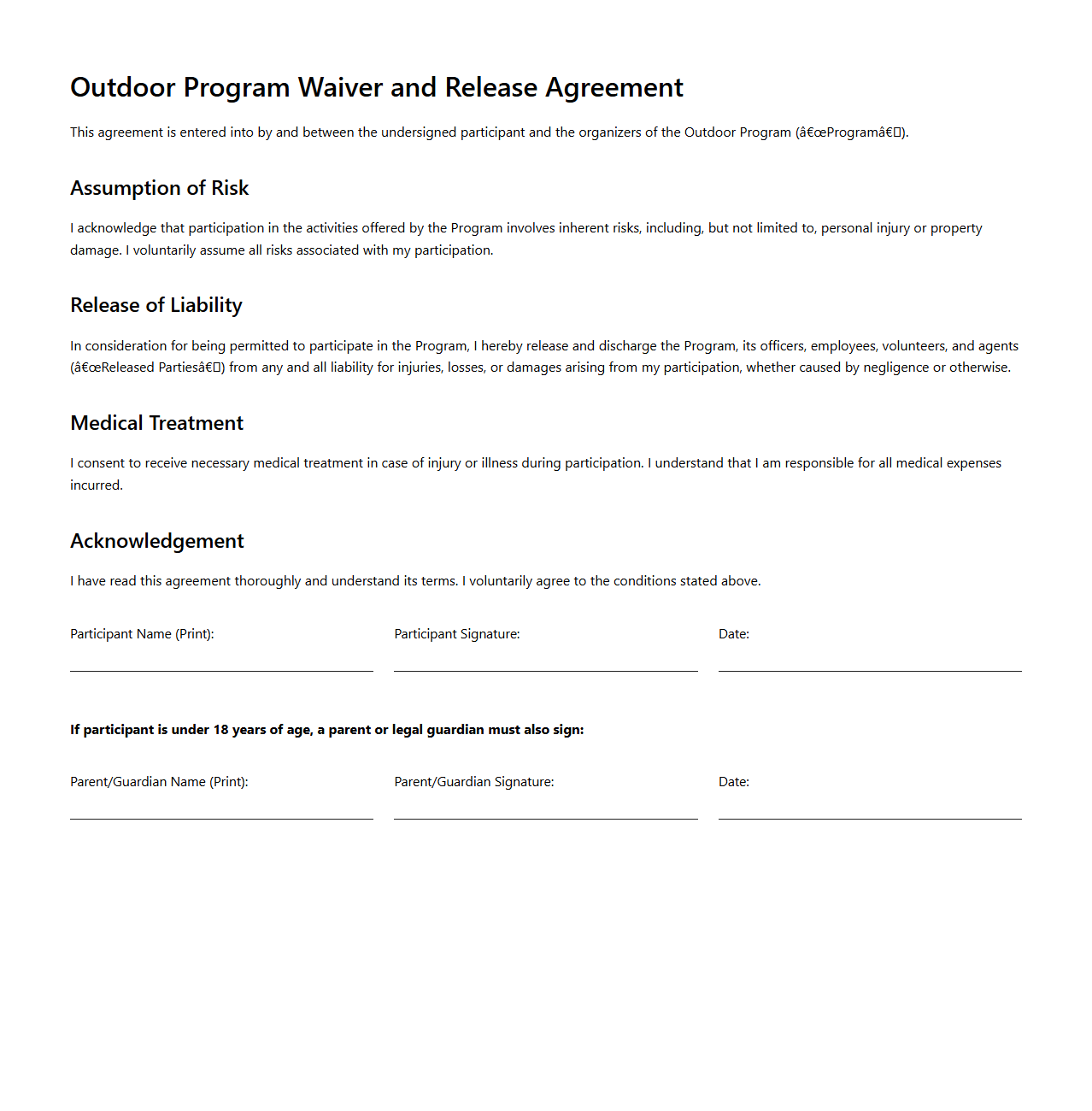 Outdoor Program Waiver and Release Agreement