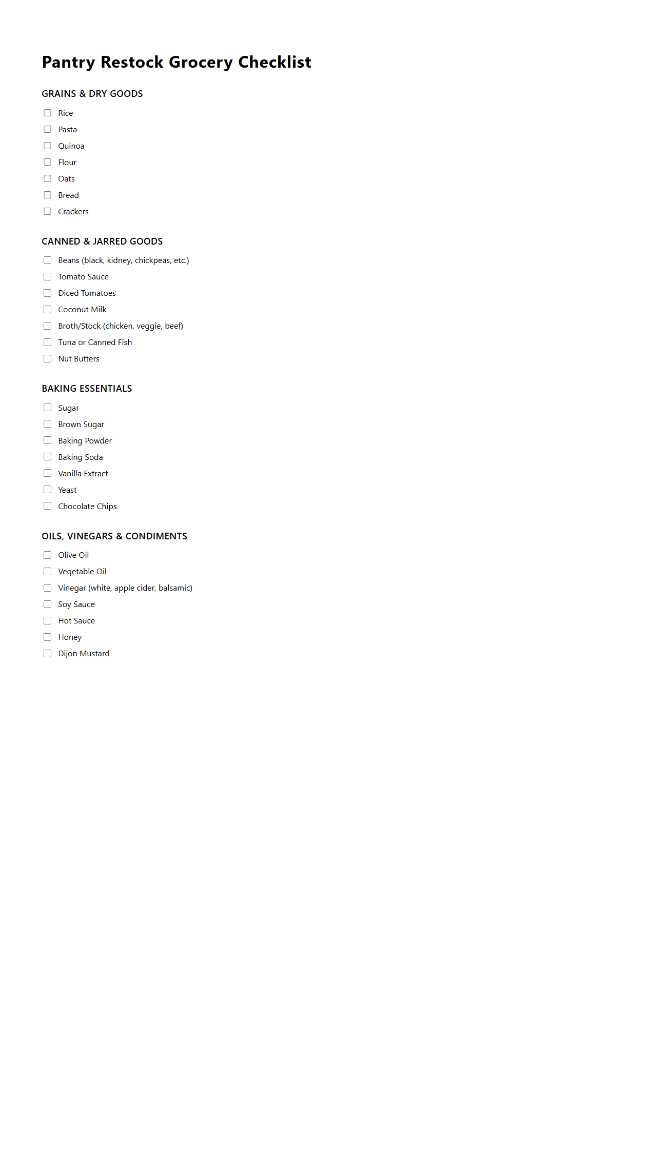 Pantry Restock Grocery Checklist for Home Kitchens