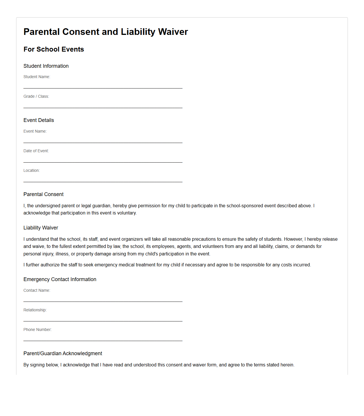 Parental Consent and Liability Waiver for School Events