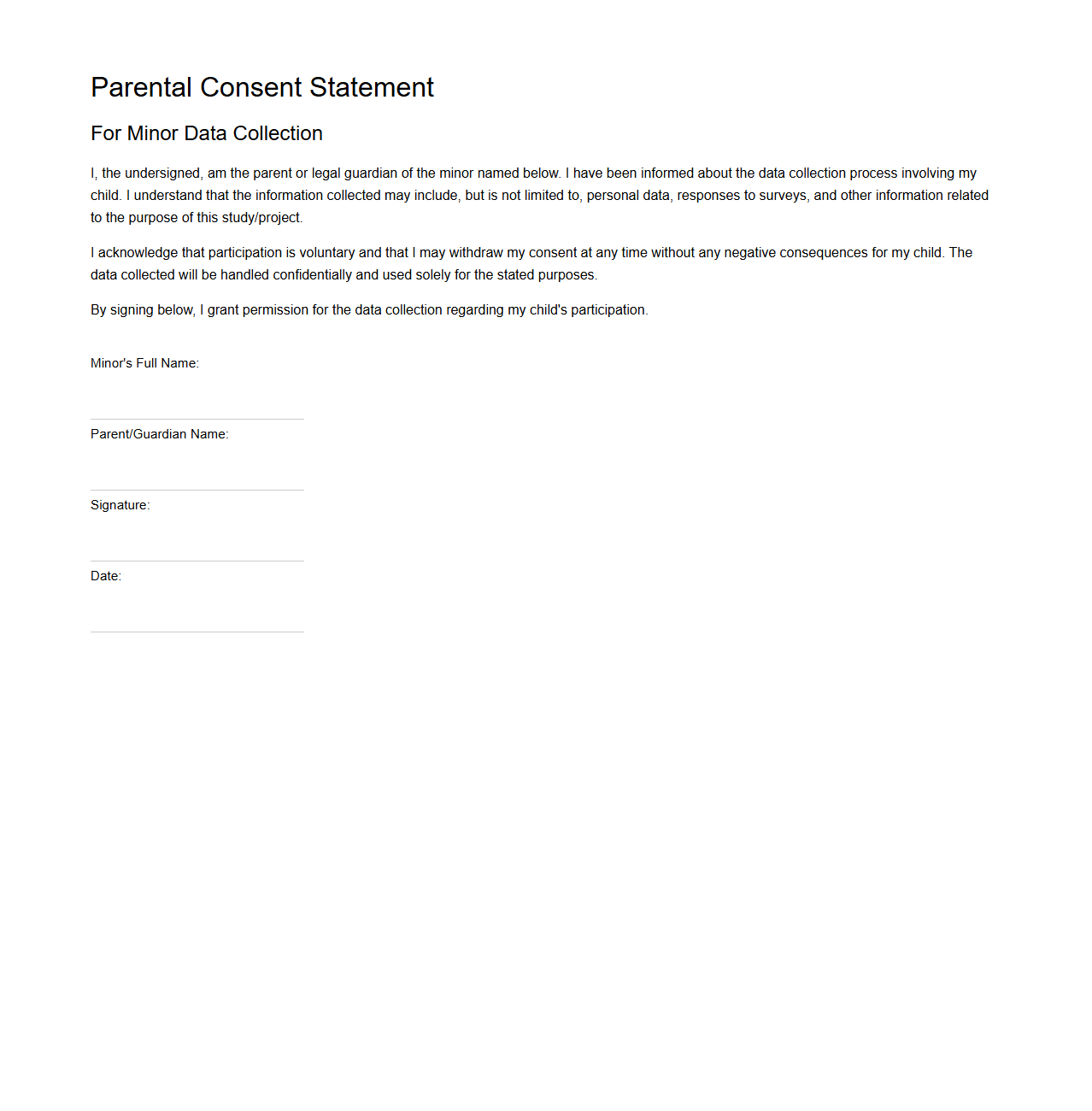 Parental Consent Statement for Minor Data Collection