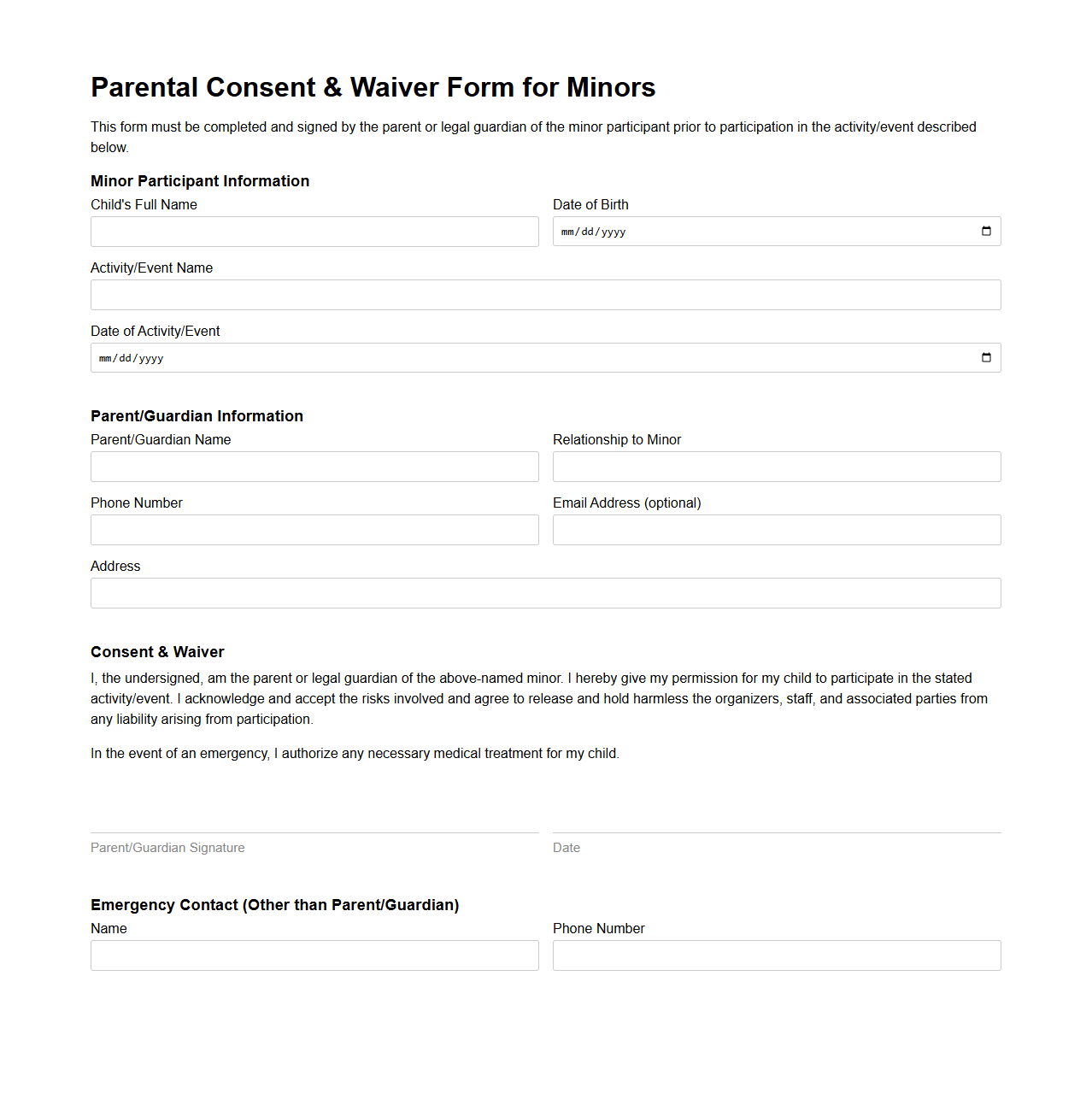 Parental Consent Waiver Form for Minors