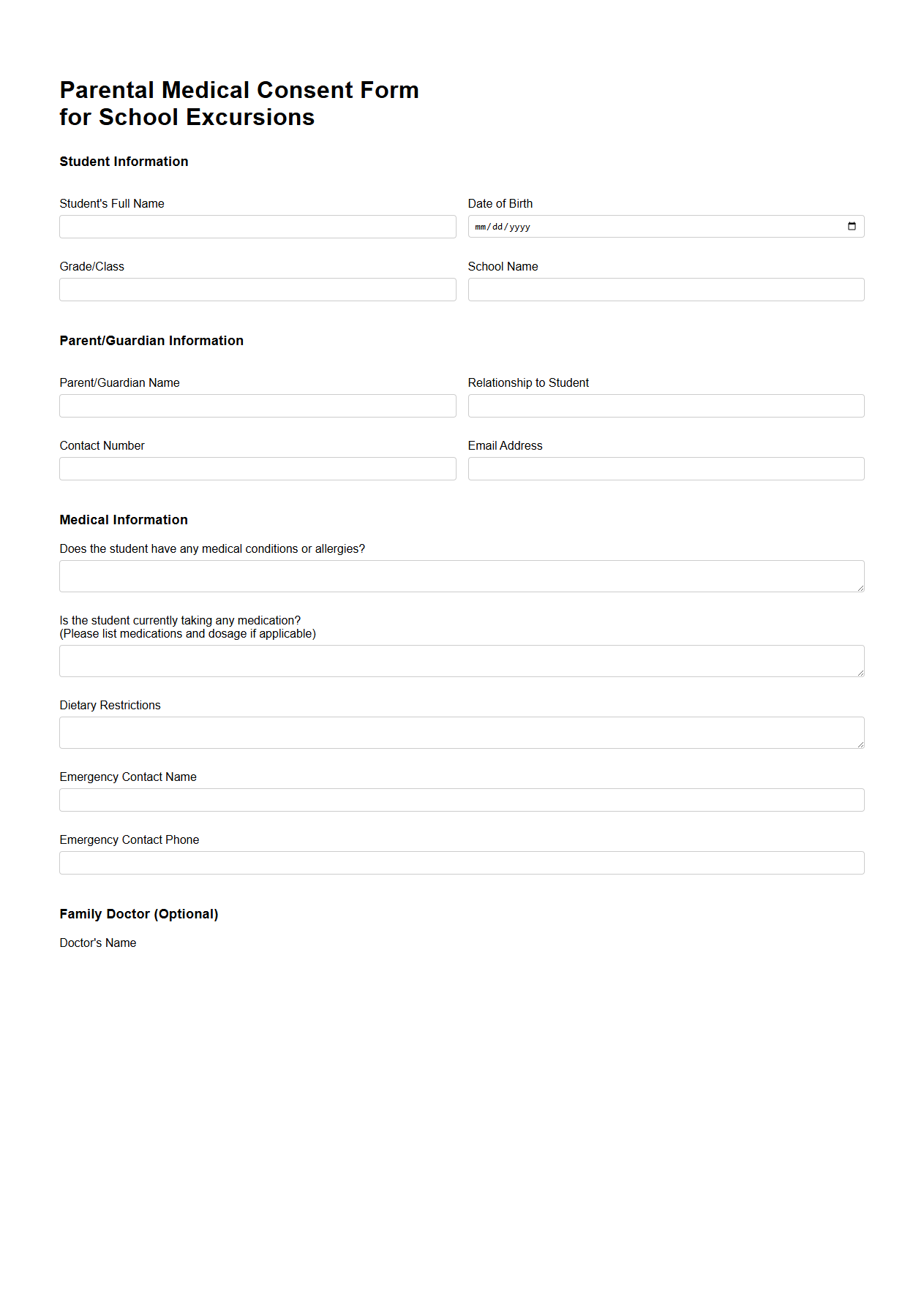 Parental Medical Consent Form for School Excursions