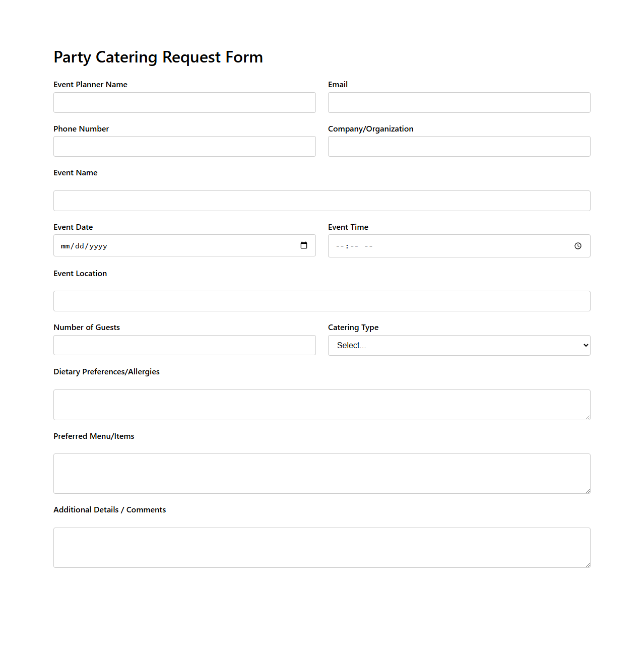 Party Catering Request Form for Event Planners