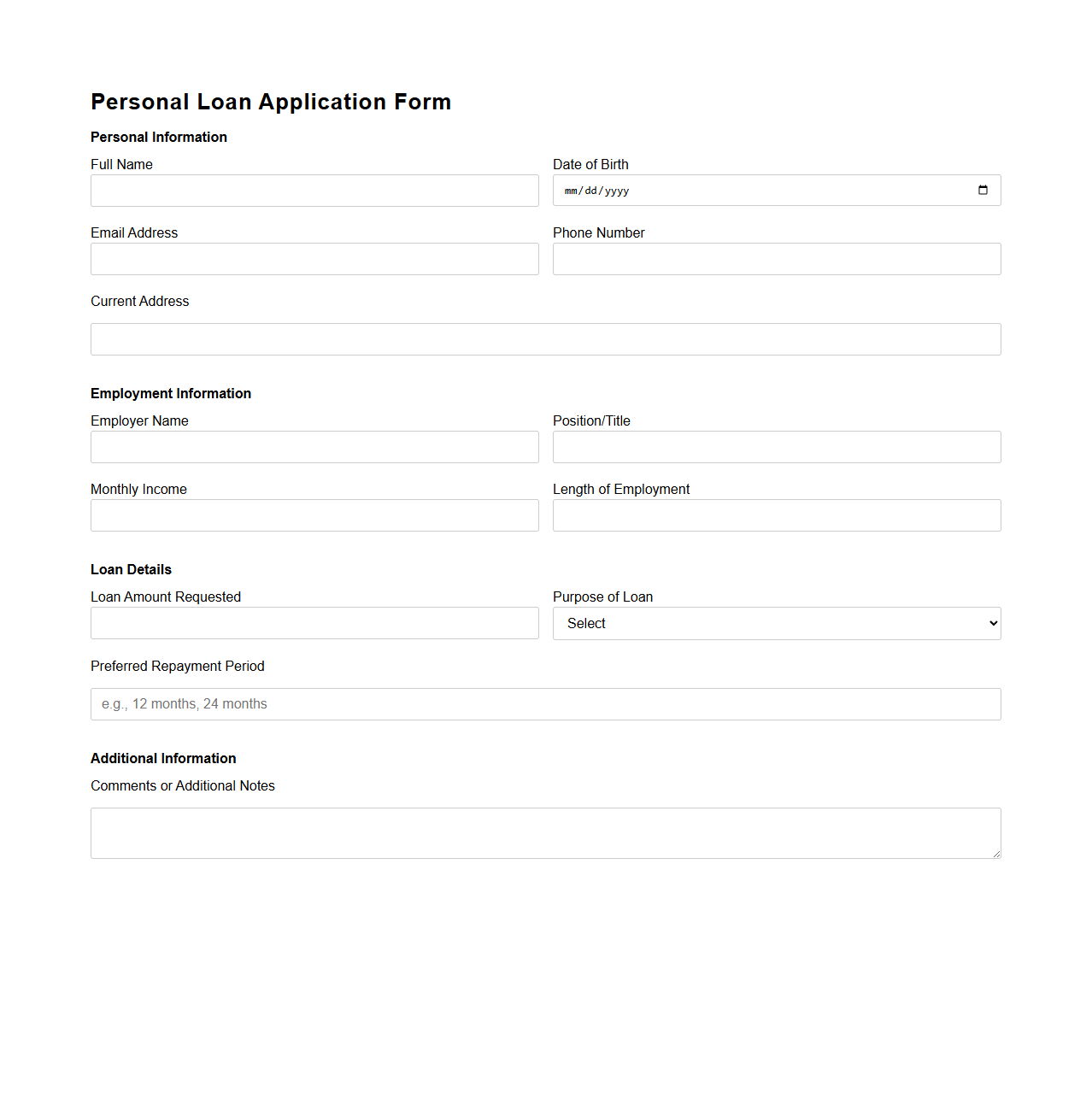 Personal Loan Application Form Template