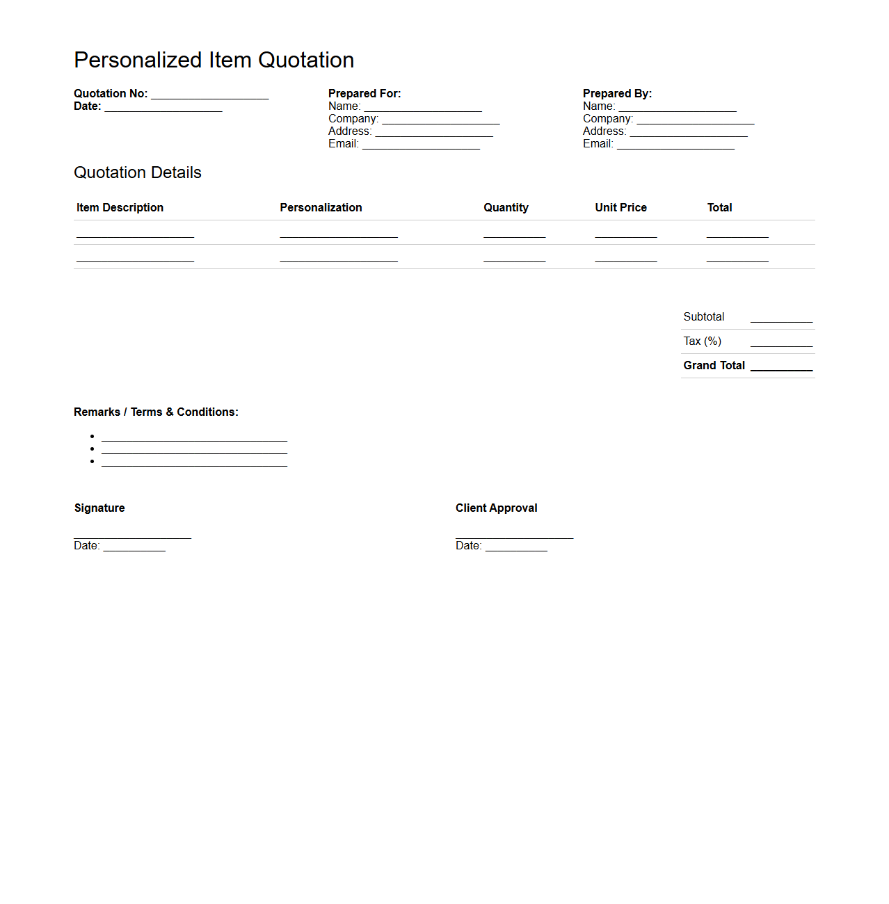 Personalized Item Quotation Document