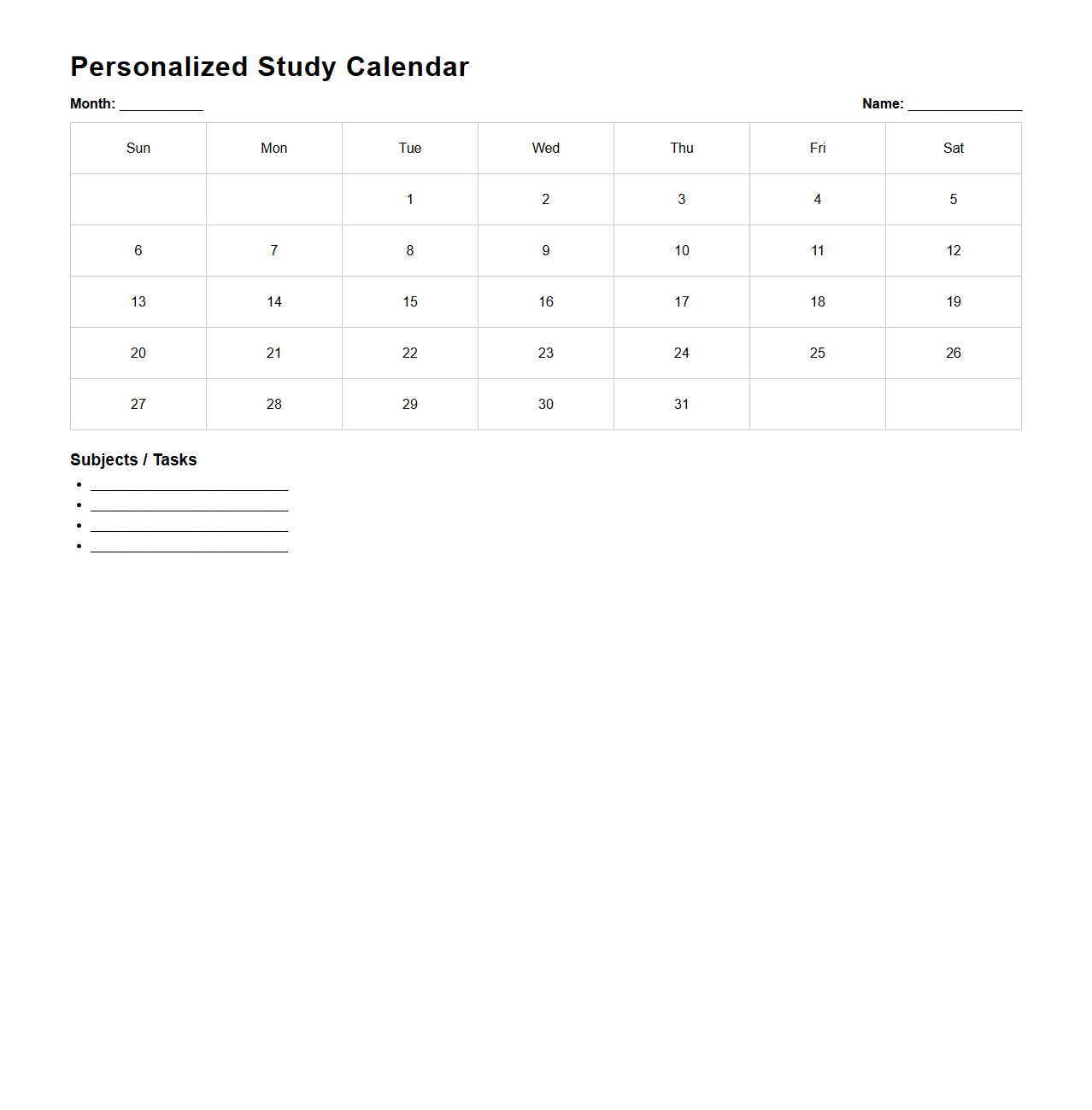 Personalized Study Calendar Template for Students