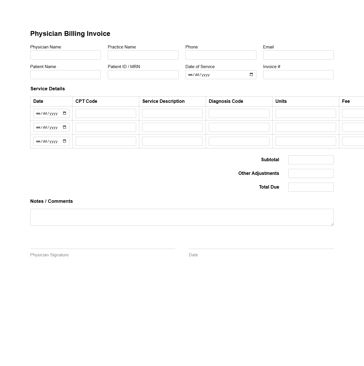 Physician Billing Blank Invoice Sheet