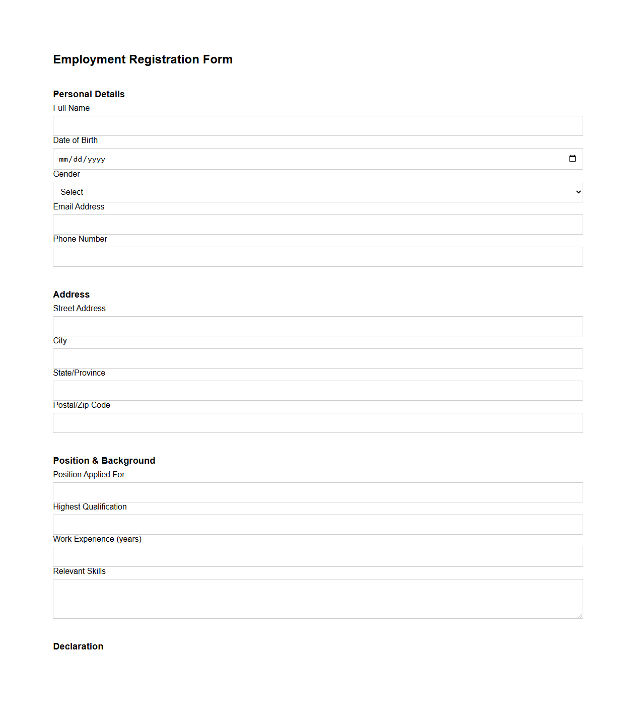 Plain Employment Registration Form