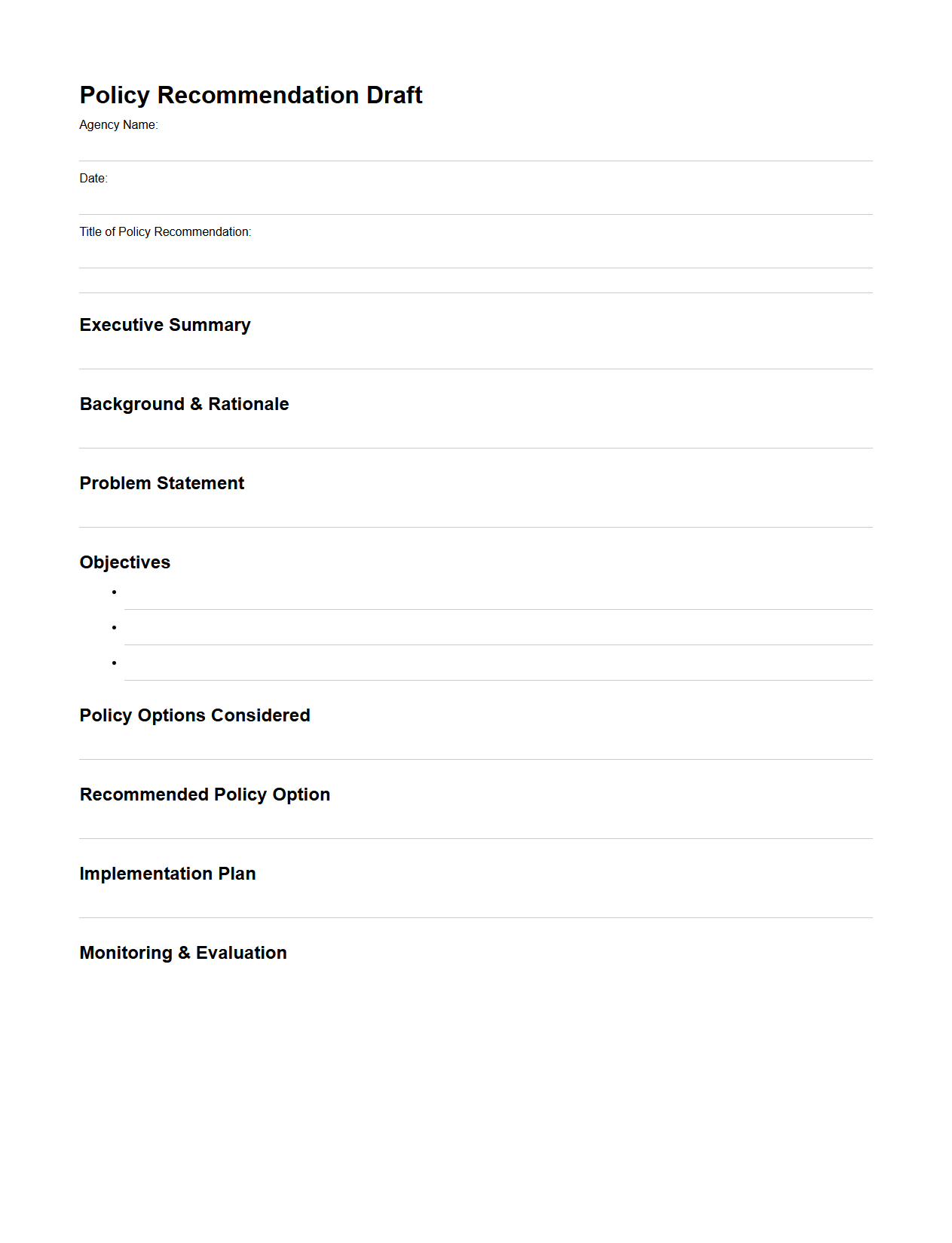 Policy Recommendation Draft Template for Agencies