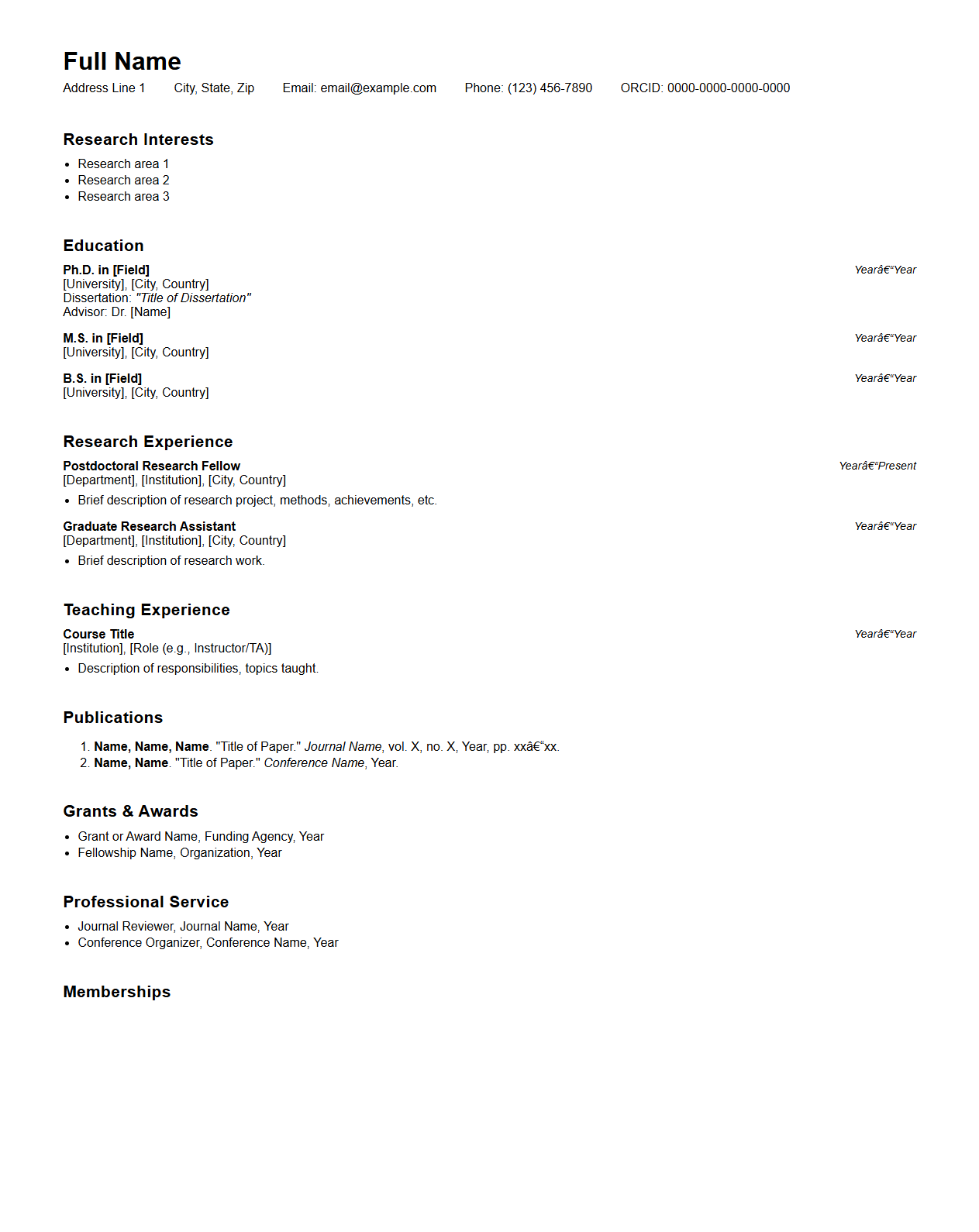 Postdoctoral Academic CV Template