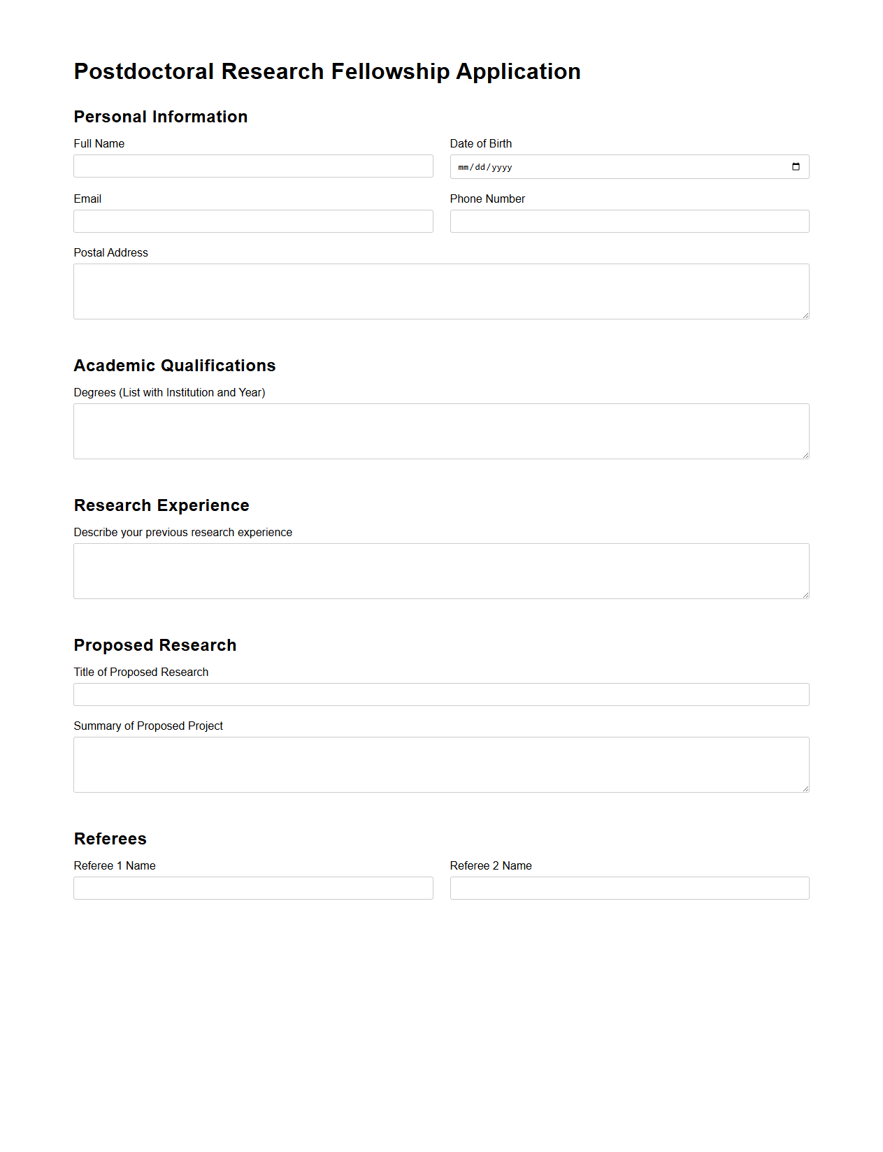 Postdoctoral Research Fellowship Application Blank Document