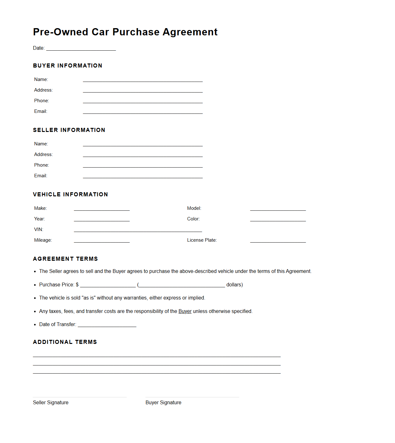Pre-Owned Car Purchase Agreement
