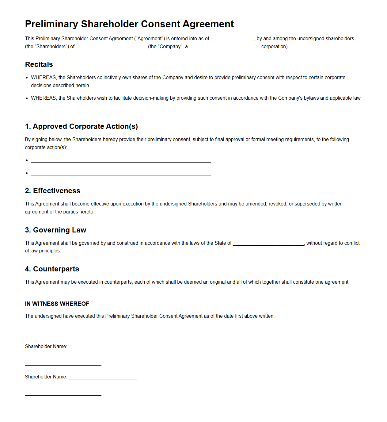 Preliminary Shareholder Consent Agreement for Corporate Decisions