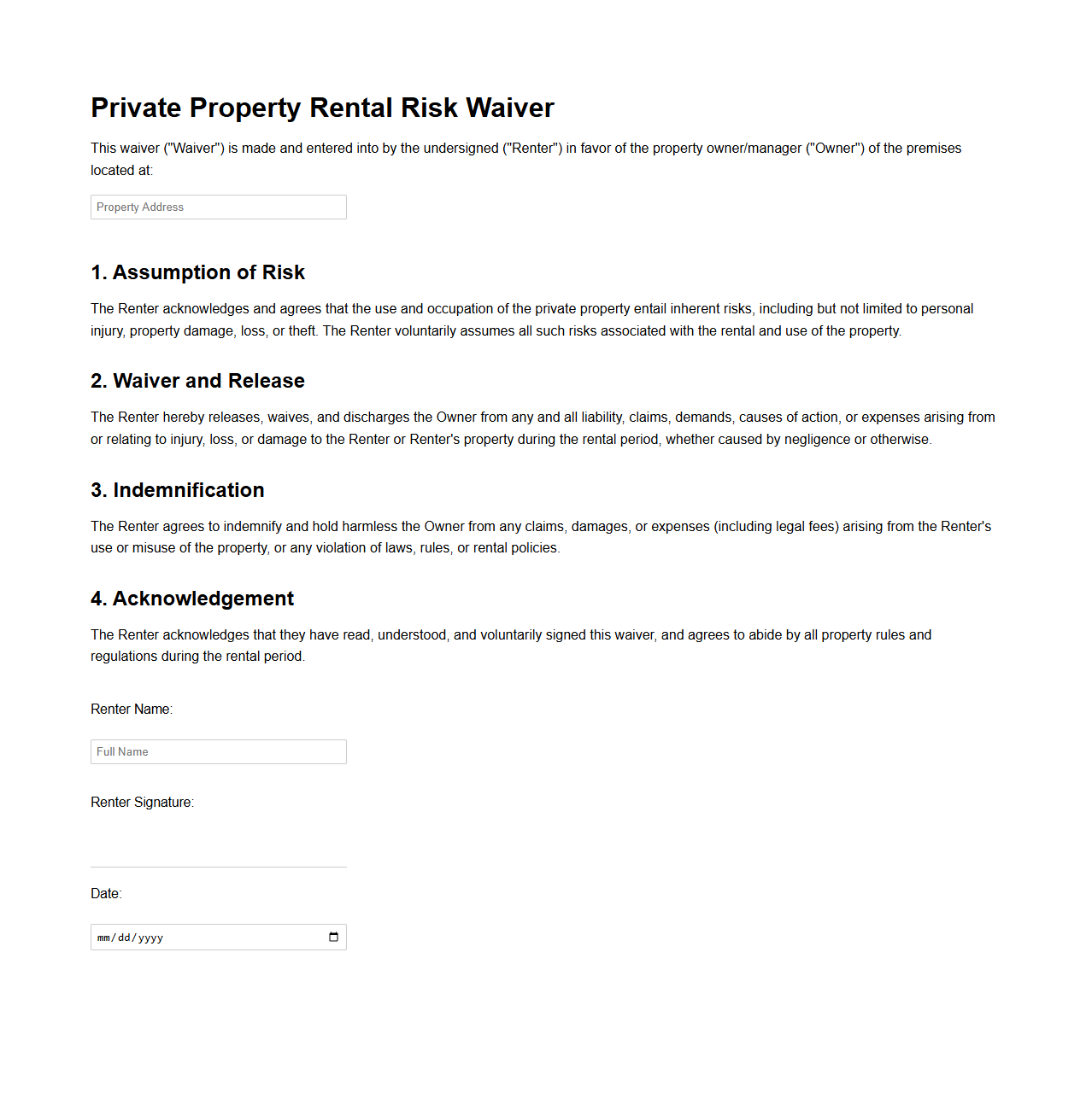 Private Property Rental Risk Waiver Template