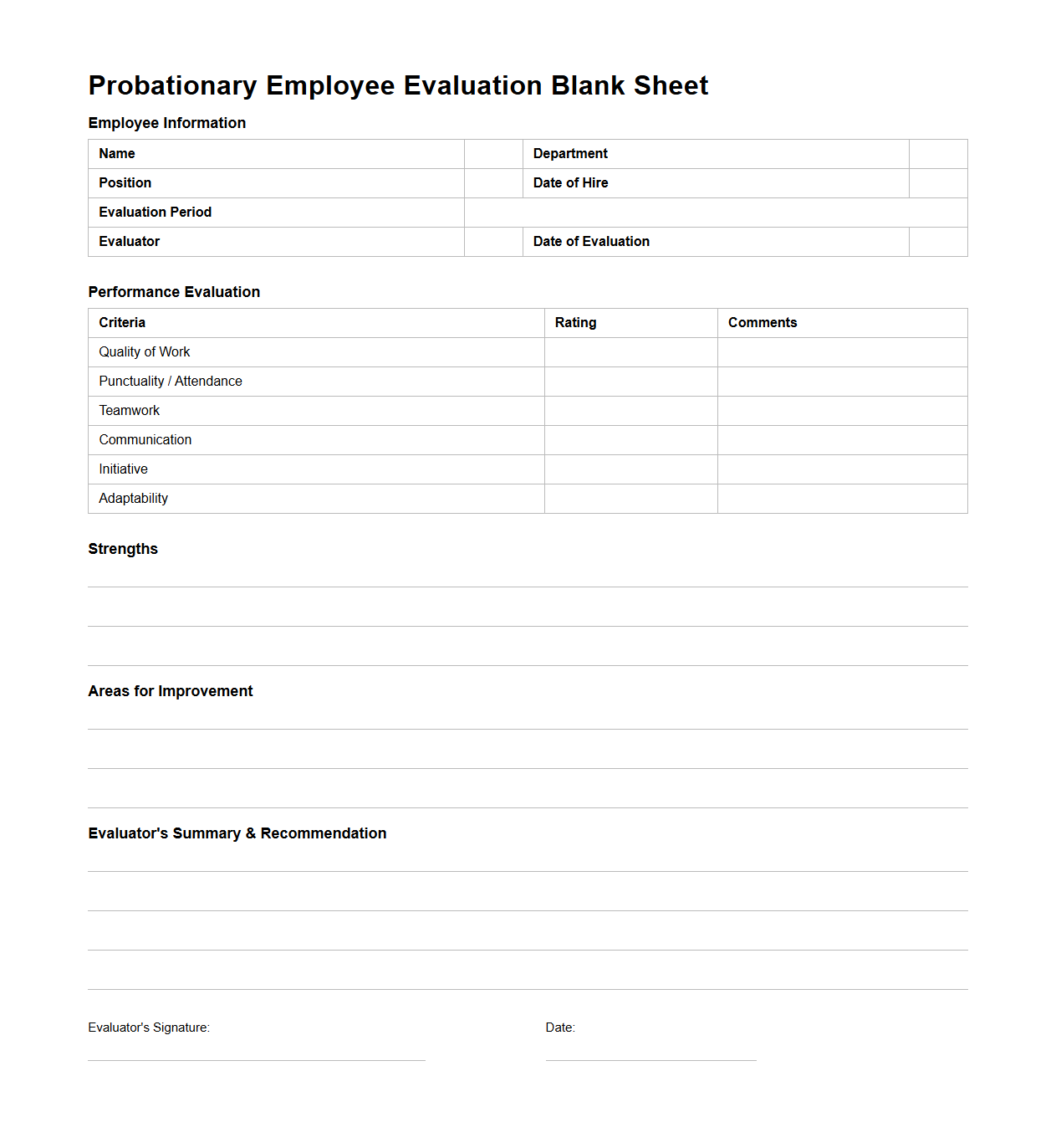 Probationary Employee Evaluation Blank Sheet