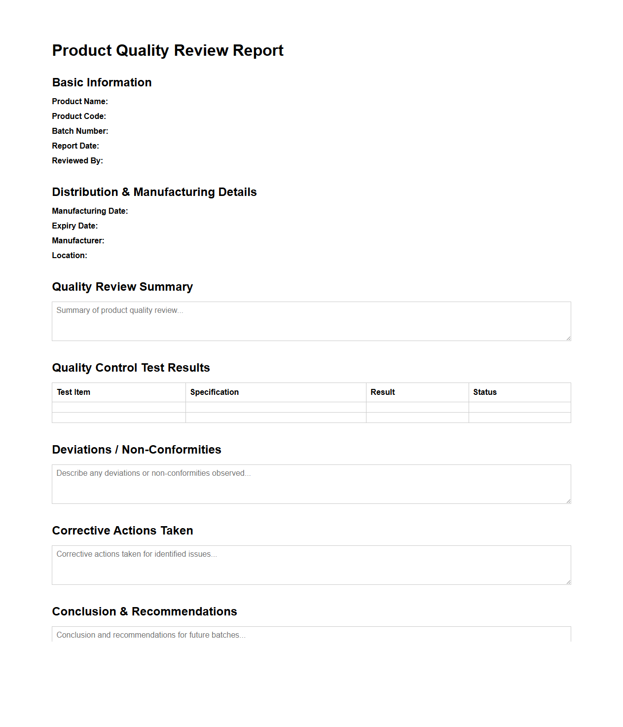 Product Quality Review Report Template