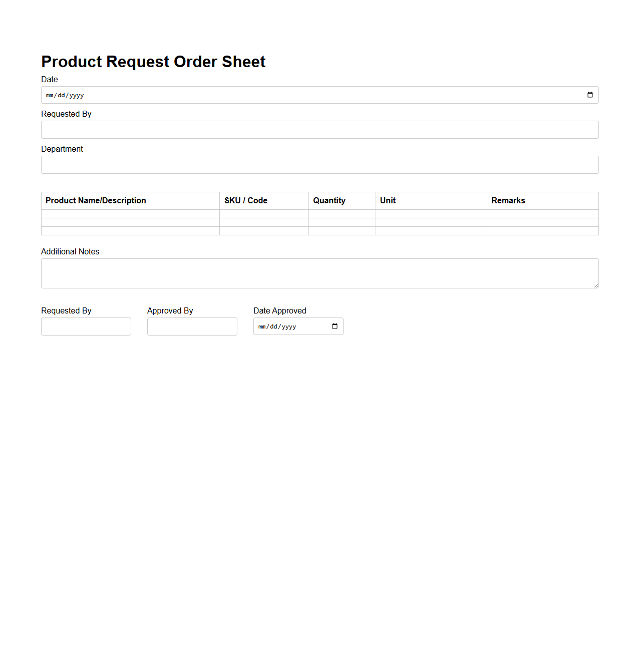 Product Request Order Sheet Template