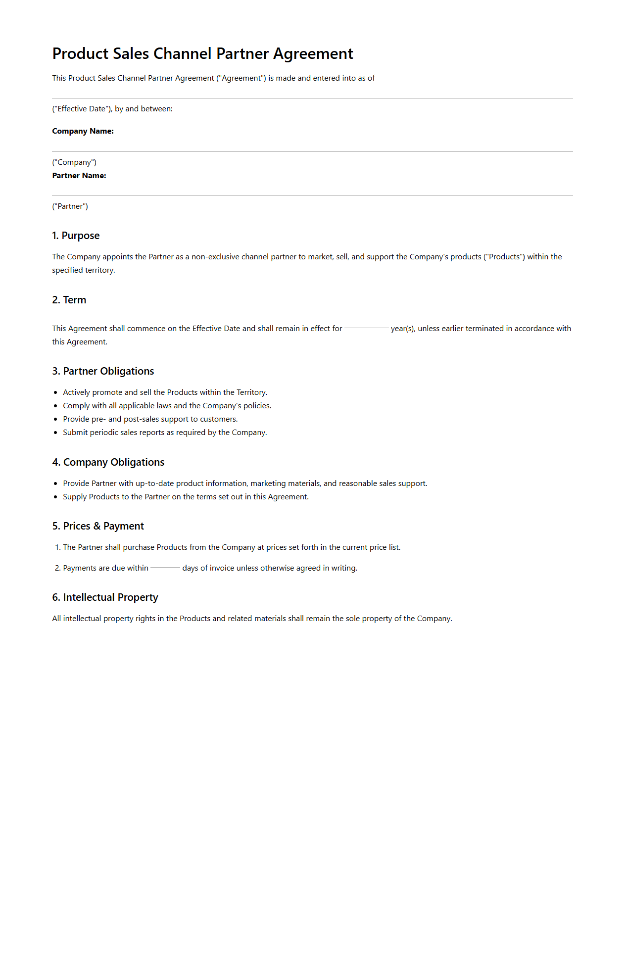 Product Sales Channel Partner Agreement Template