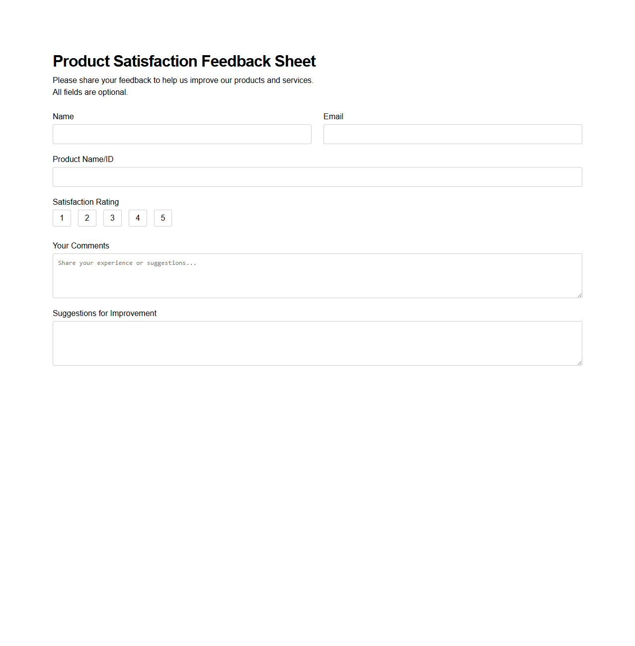Product Satisfaction Feedback Sheet