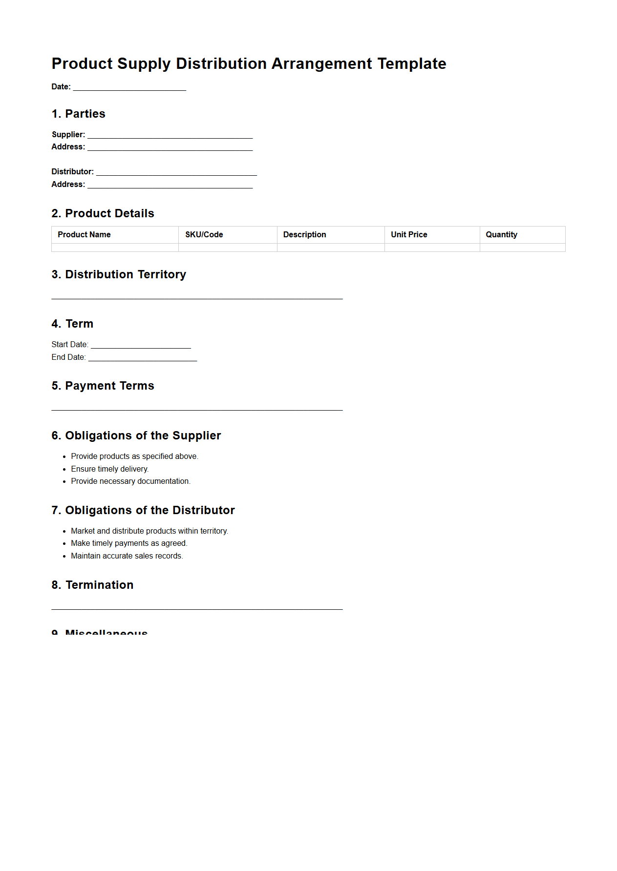 Product Supply Distribution Arrangement Template