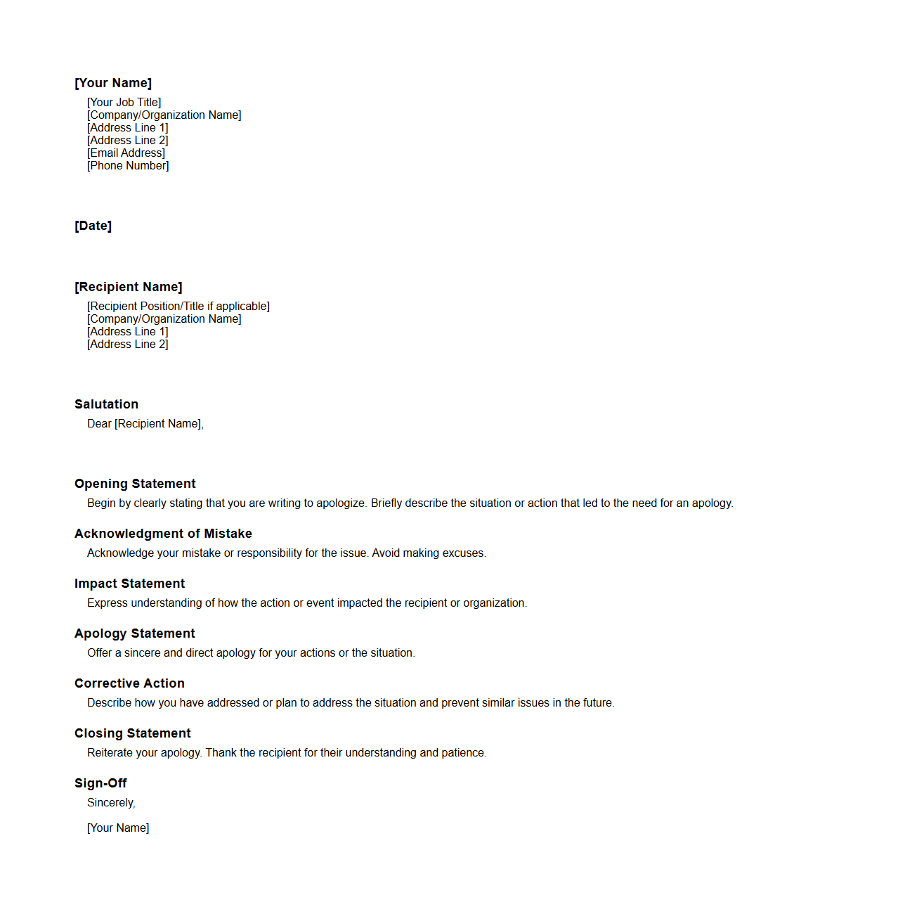 Professional Apology Letter Outline
