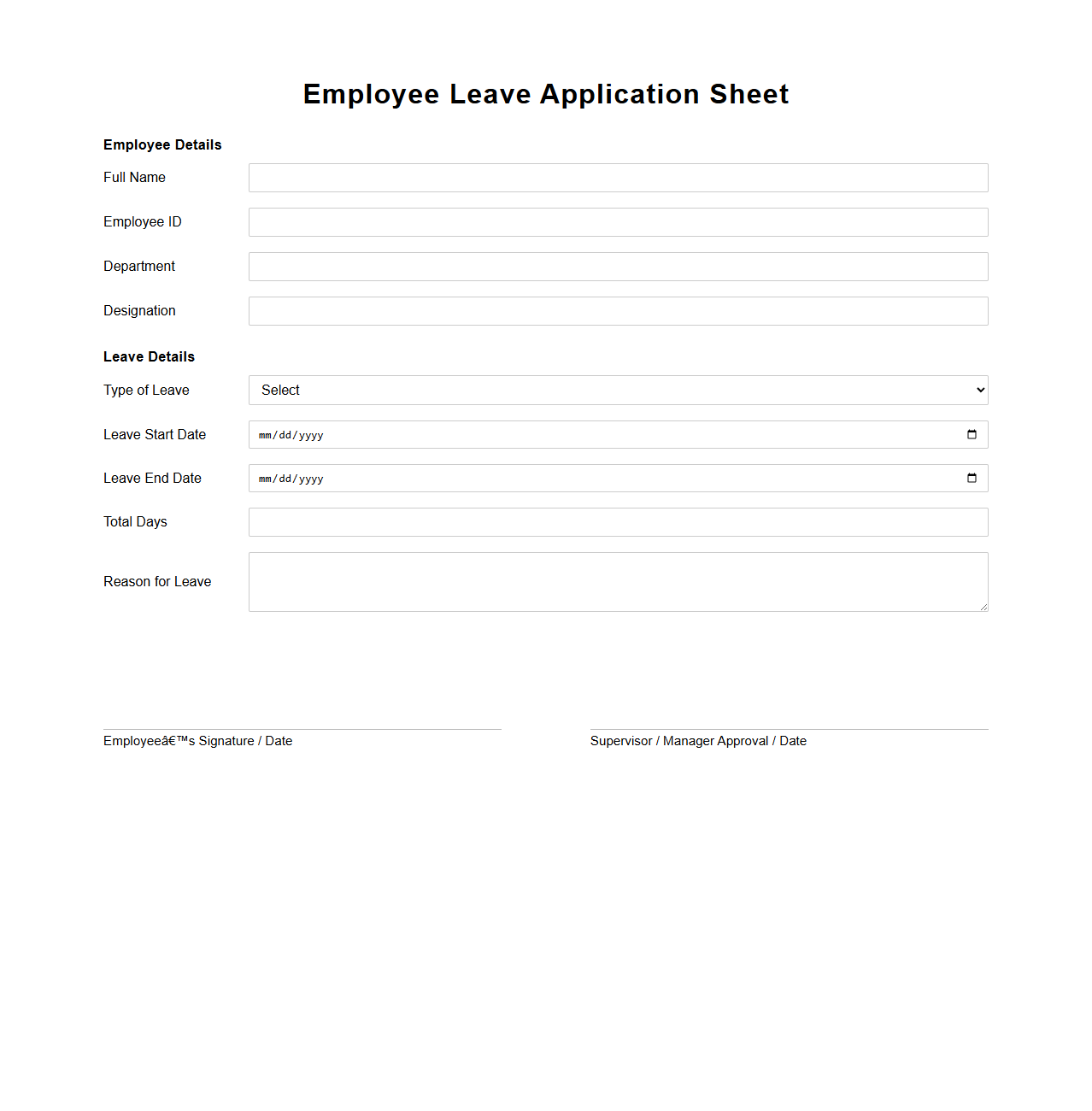 Professional Blank Employee Leave Application Sheet