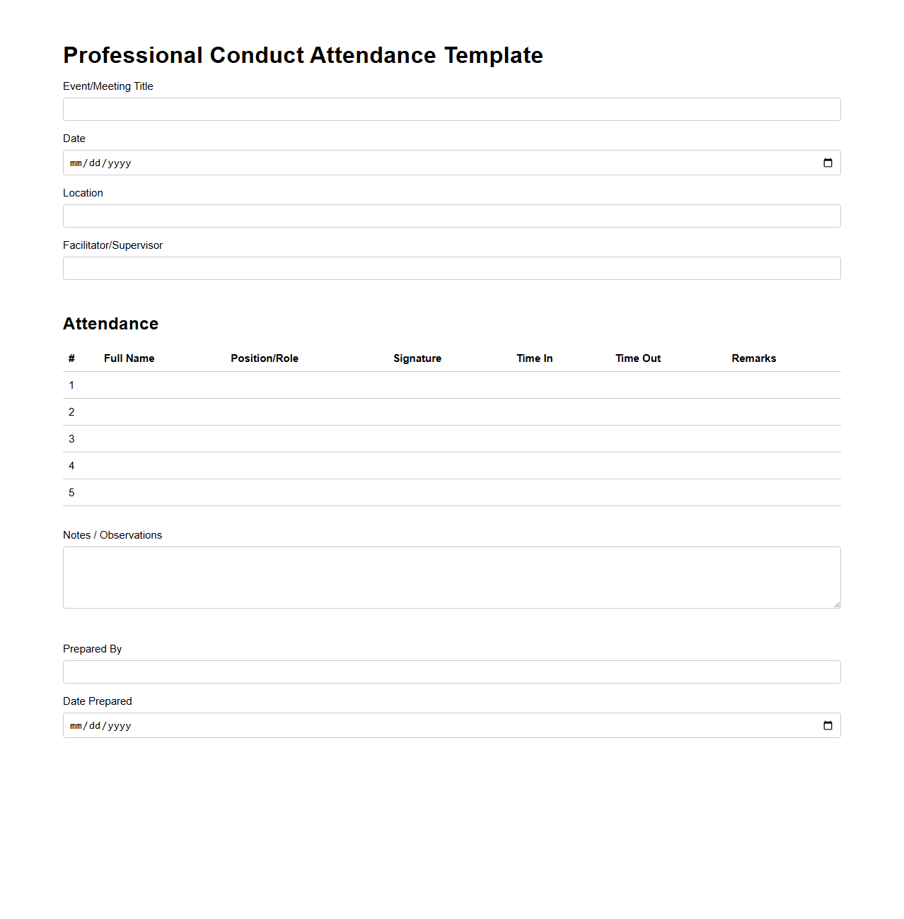 Professional Conduct Attendance Template