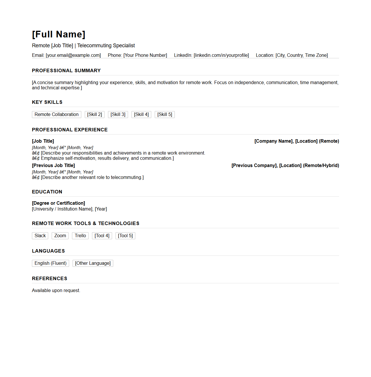 Professional CV Format for Telecommute Positions
