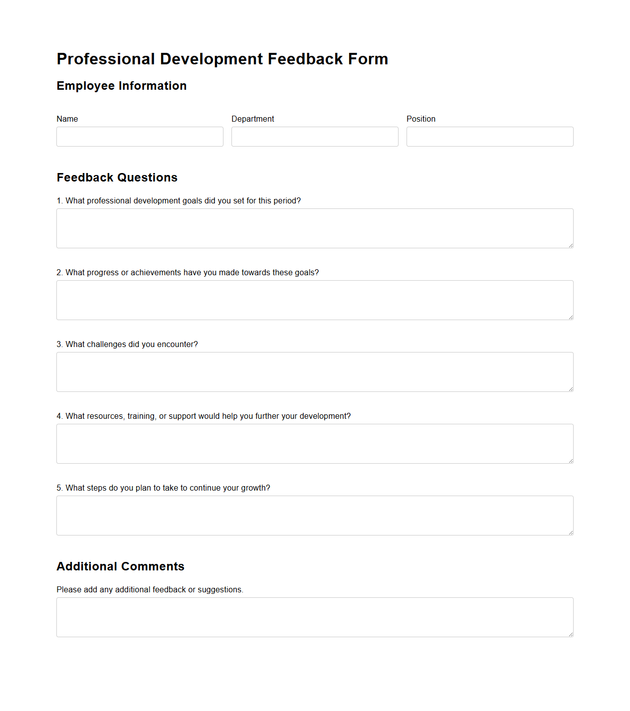 Professional Development Blank Feedback Form for Employees
