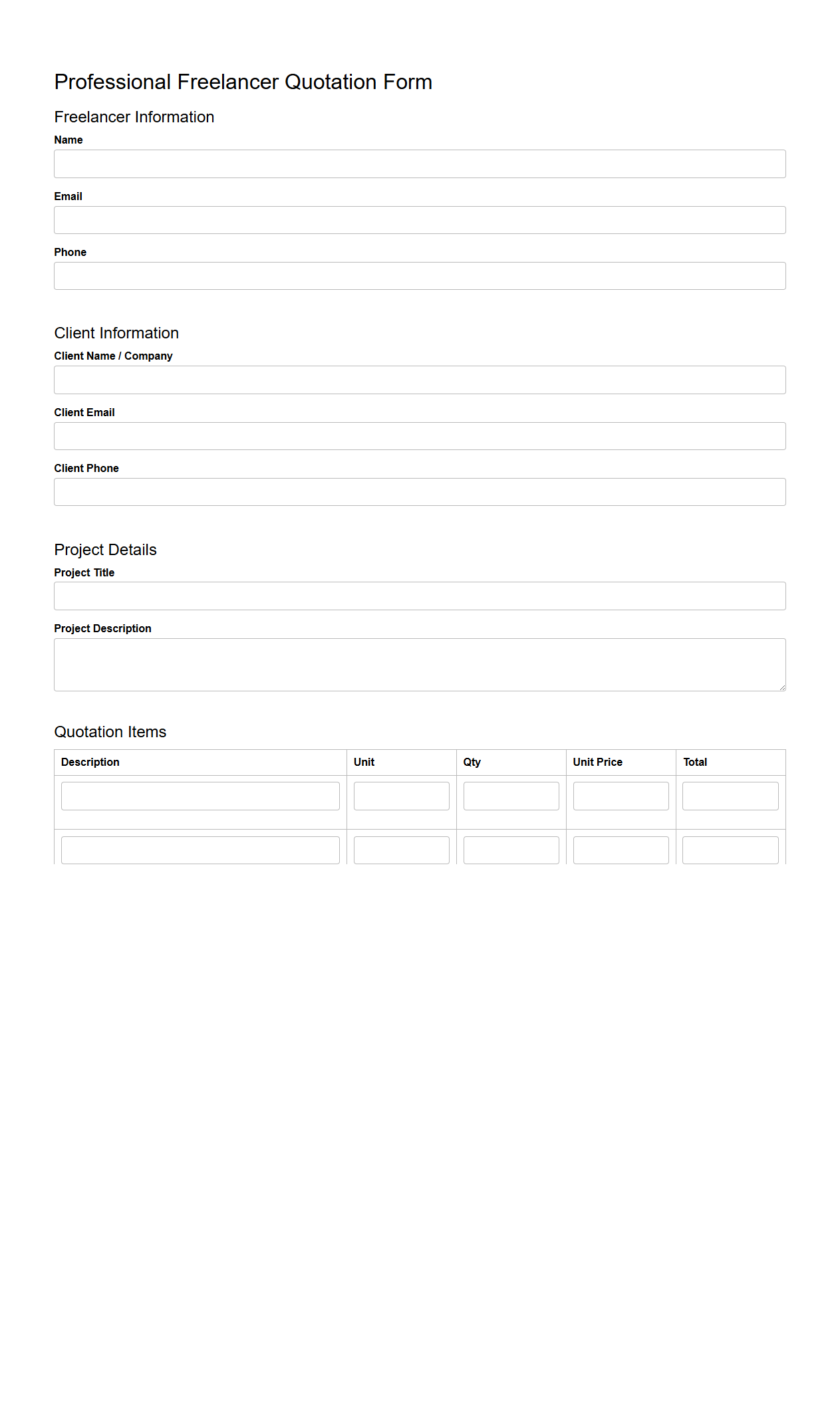 Professional Freelancer Quotation Form Sample