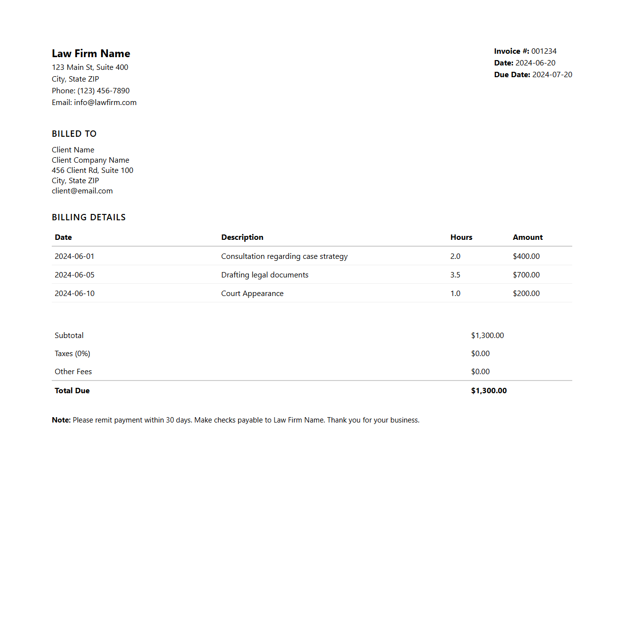 Professional Legal Billing Template