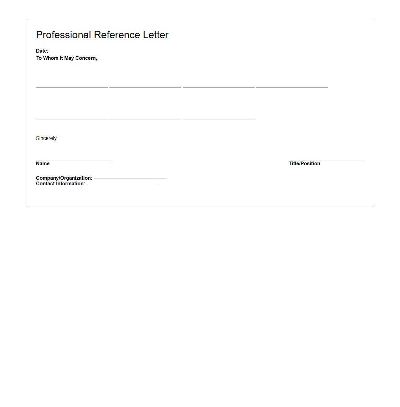Professional Reference Letter Blank Template