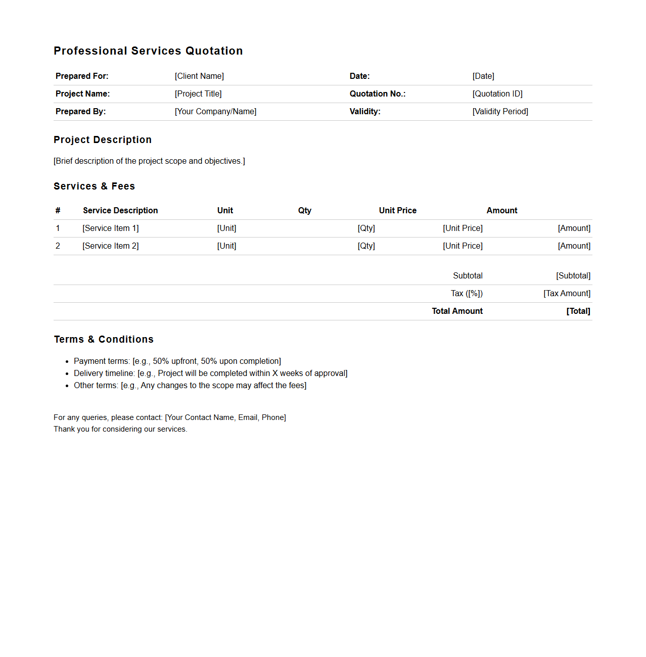 Professional Services Quotation Format for Projects