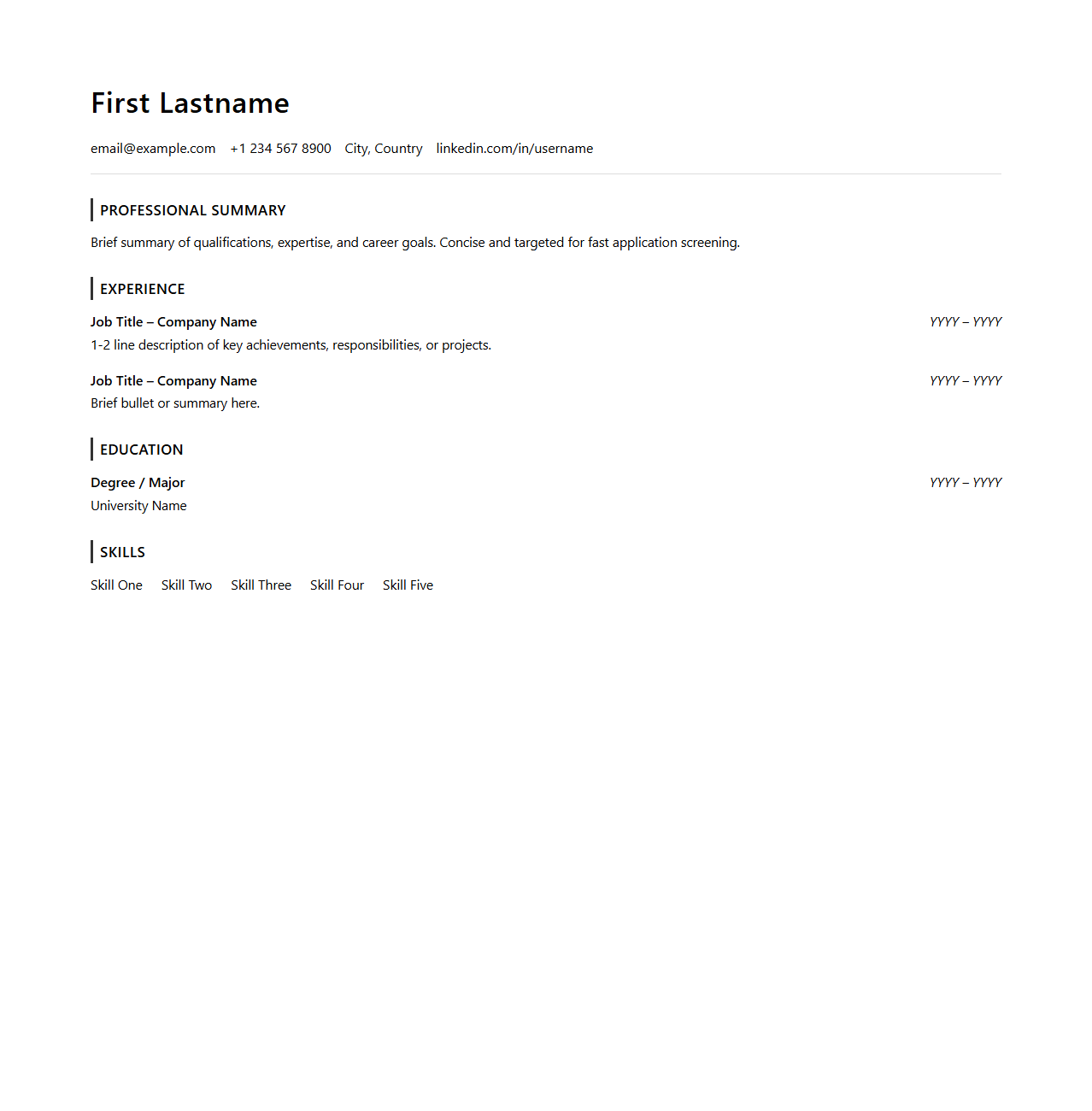 Professional Single-Page Resume Sheet for Fast Applications