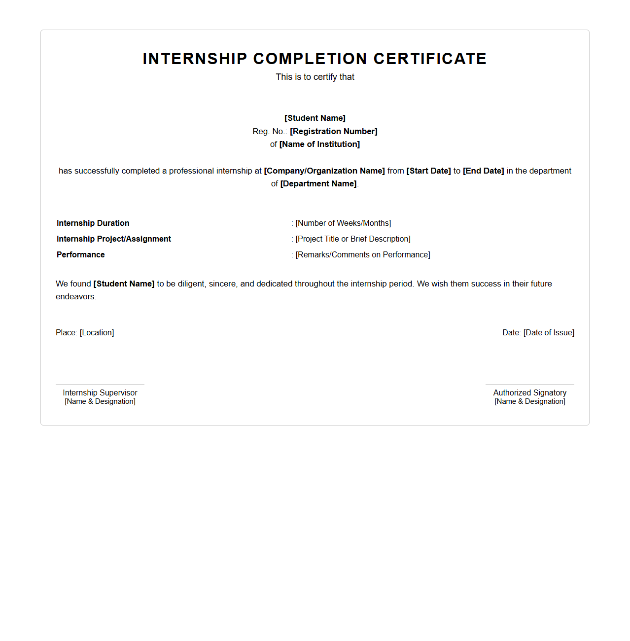 Professional Student Internship Certificate Format