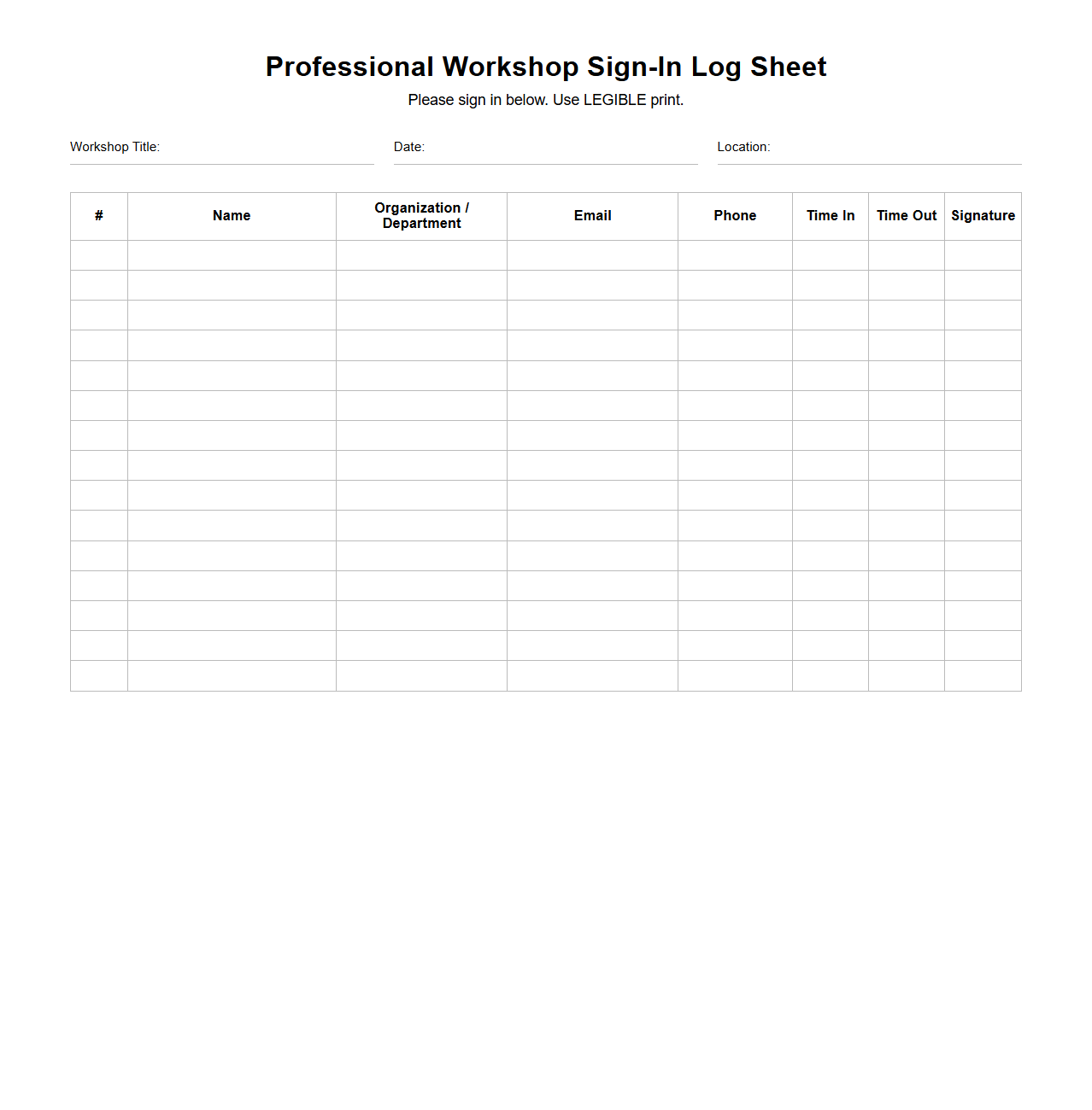 Professional Workshop Sign-In Log Sheet