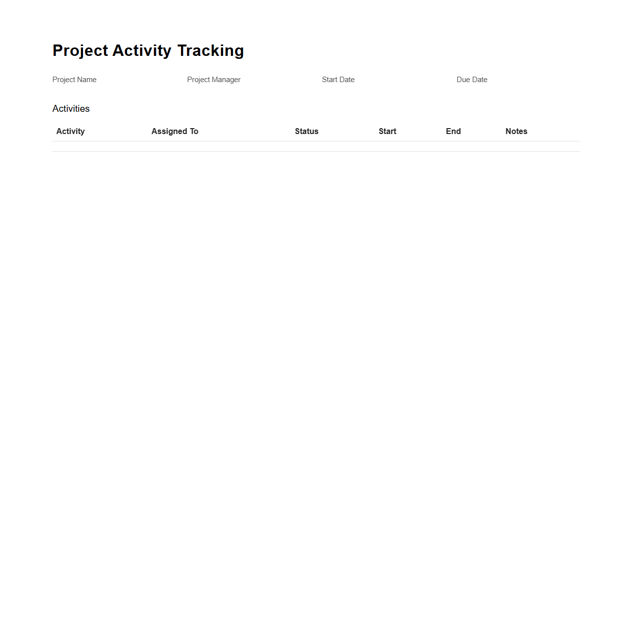 Project Activity Tracking Layout