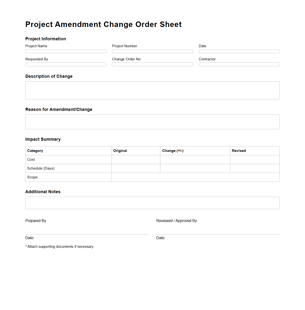 Project Amendment Change Order Sheet