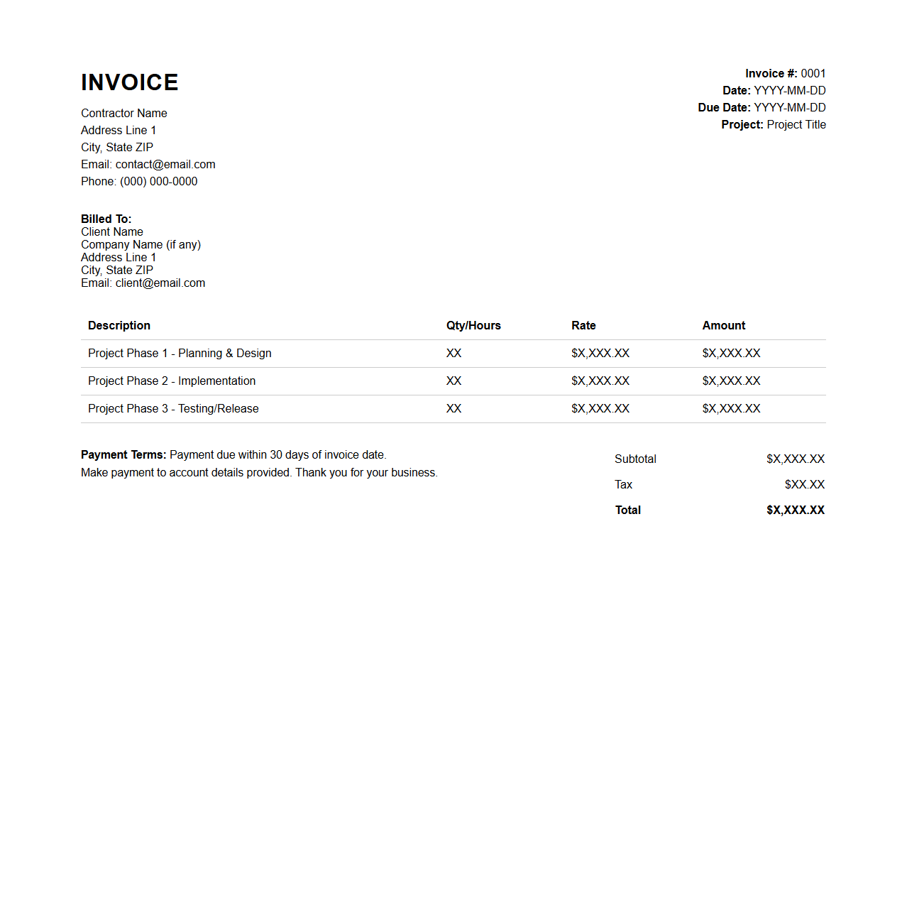 Project-Based Contractor Invoice