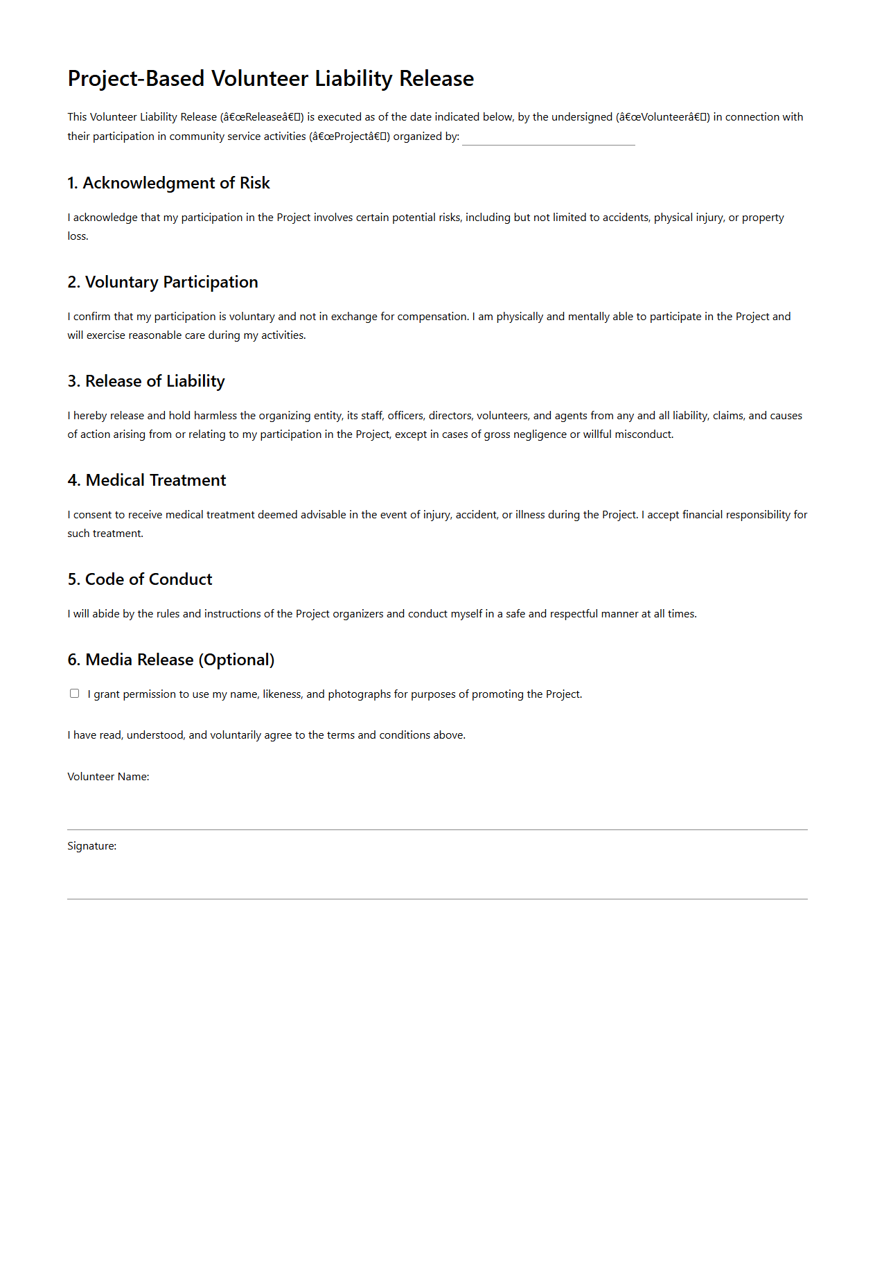 Project-Based Volunteer Liability Release for Community Service