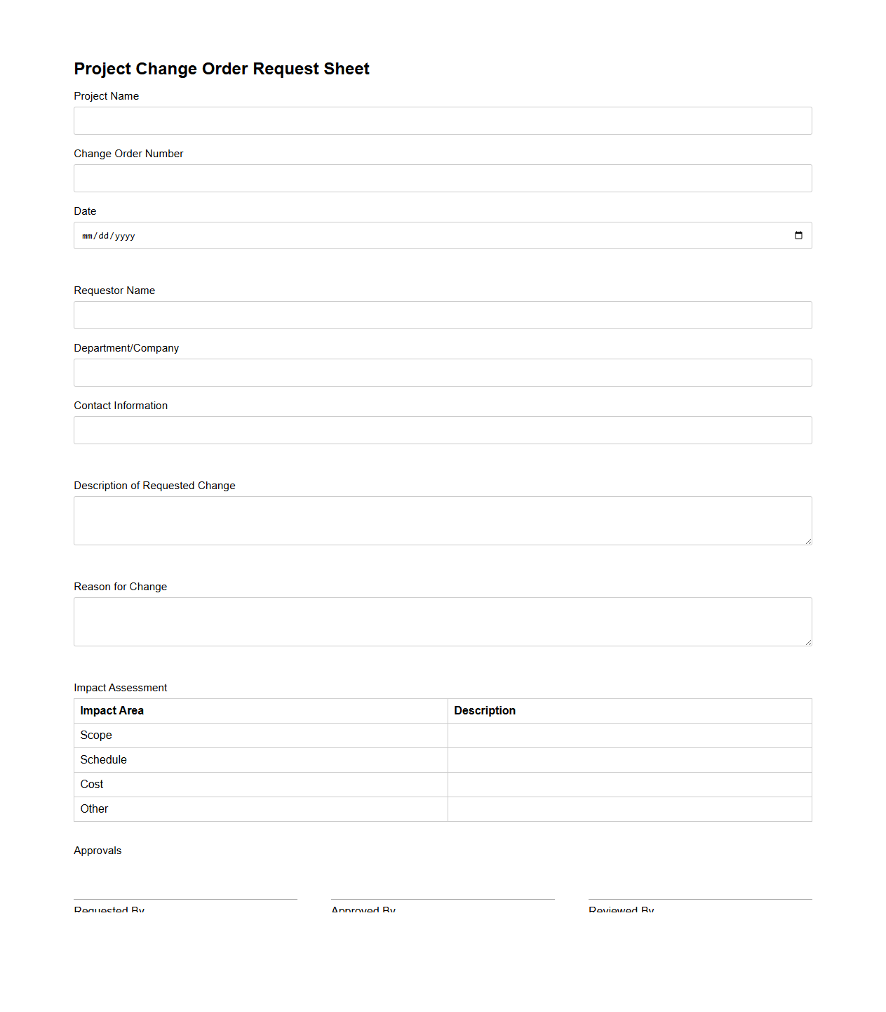 Project Change Order Request Sheet