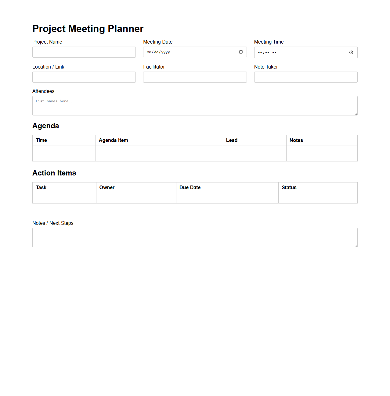 Project Meeting Planner Template for Companies