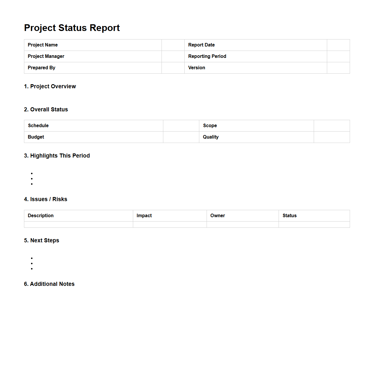 Project Status Report Blank Template