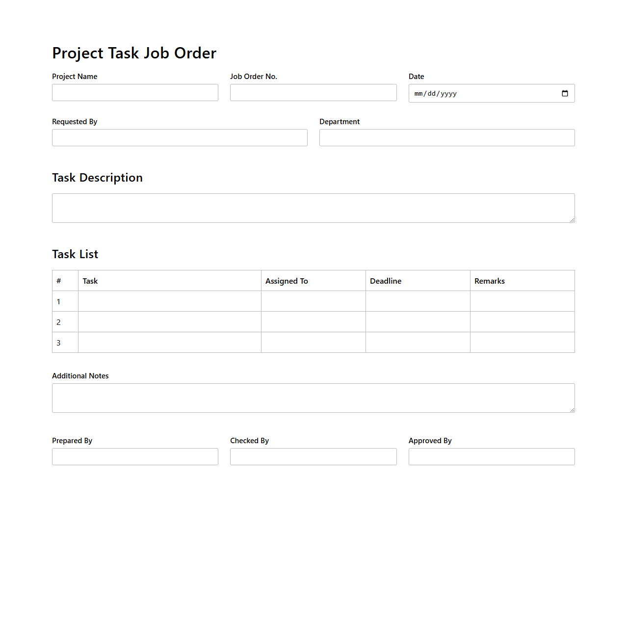 Project Task Job Order Layout