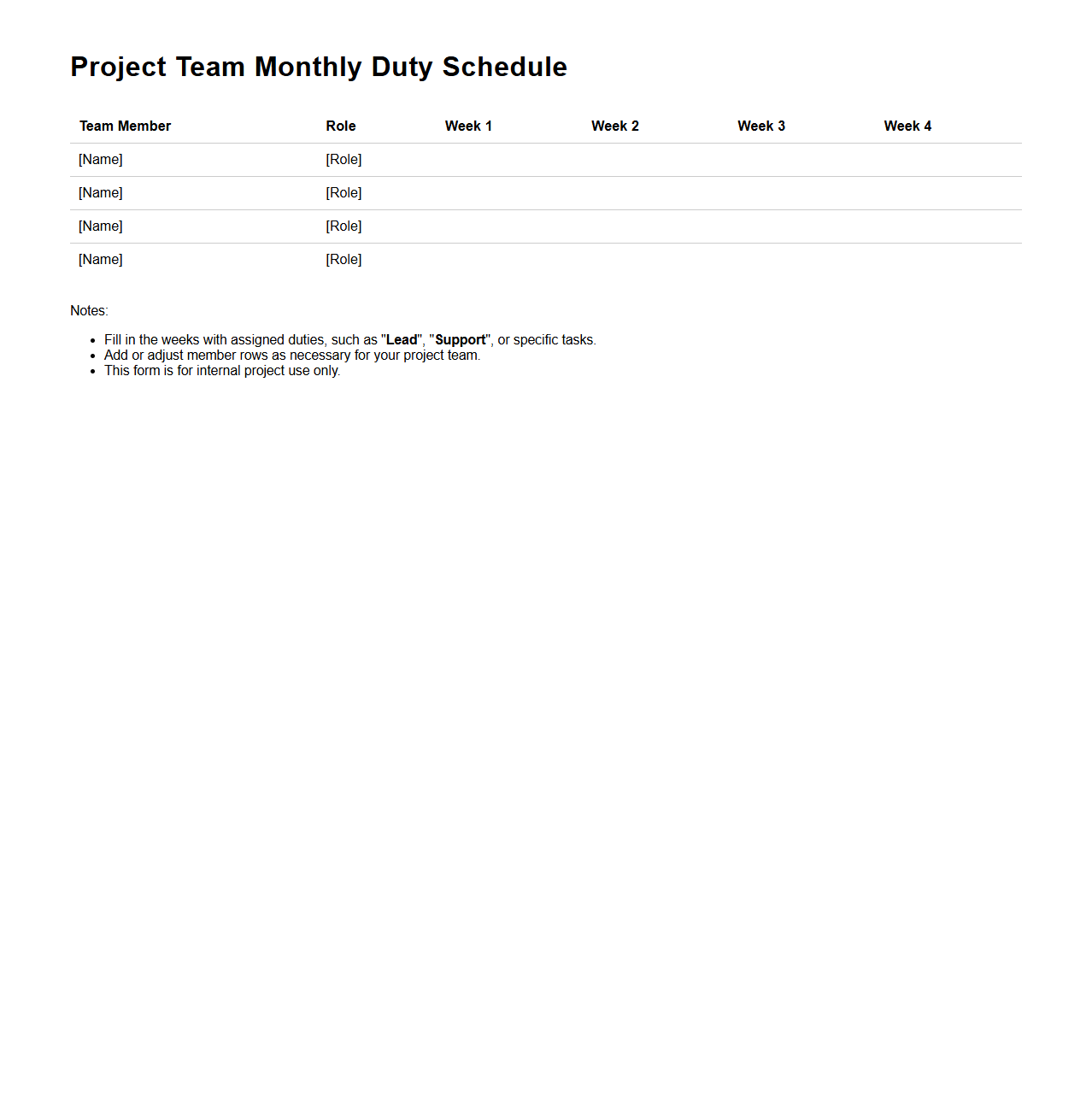 Project Team Monthly Duty Schedule